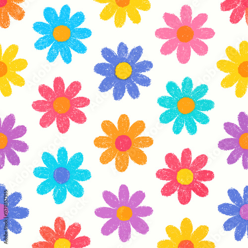 Cheerful crayon-style daisy pattern in vibrant colors.