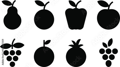 Black silhouette icons of various fruits including pear apple orange and grapes set