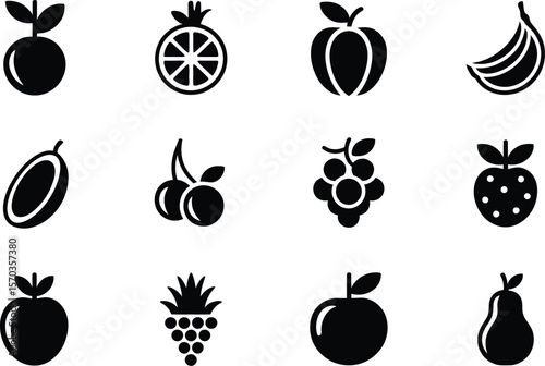 A collection of twelve different fruit icons displayed in a grid on a white background