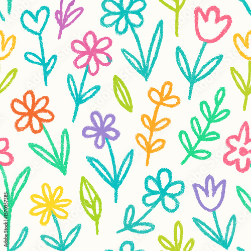 Colorful, hand-drawn floral pattern featuring various flower and leaf illustrations.