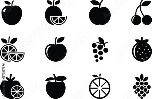 A collection of twelve black and white fruit icons arranged on a white background