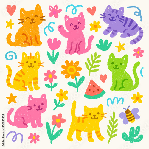 Cute cartoon cats and flowers in a vibrant summery design.