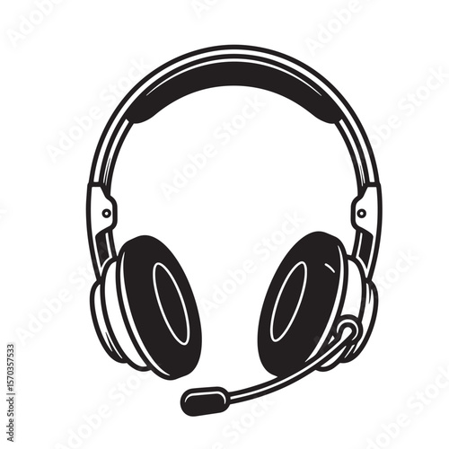 Classic black and white illustration of a vintage art style headset with microphone for communication and customer service