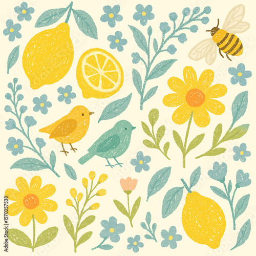 Cheerful springtime illustration featuring lemons, birds, bees, and wildflowers in a whimsical, hand-drawn style.
