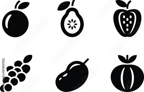 A collection of six black fruit icons including an orange pear apple grapes and mango