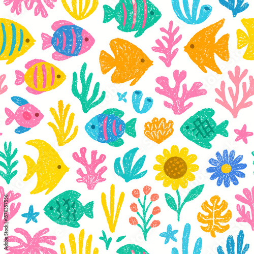 Colorful underwater pattern featuring fish, coral, and plants.