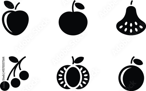 A collection of six black fruit icons including apples pears cherries and citrus fruit