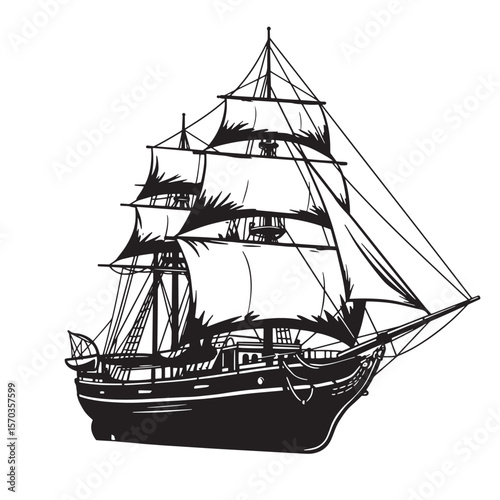 Classic black and white sailing ship illustration vintage art for nautical designs