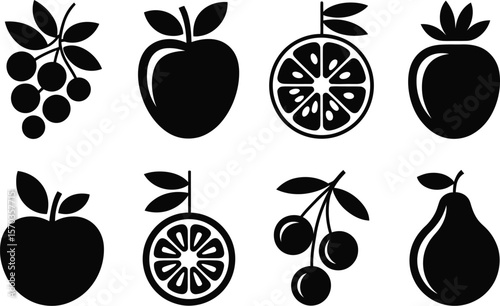 Collection of various fruit icons including grapes apple orange cherry and pear