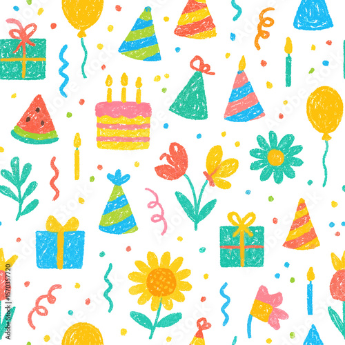 Colorful birthday party pattern featuring gifts, balloons, cakes, flowers, and confetti.