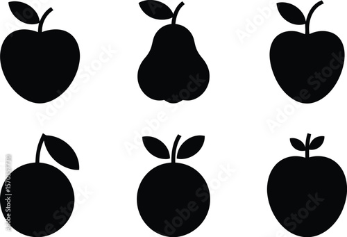A set of six black fruit icons including apples pears and oranges on white background