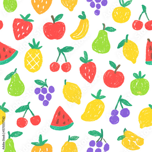 A cheerful, hand-drawn pattern featuring a vibrant assortment of colorful fruits.