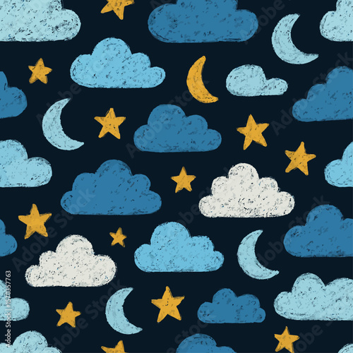 Seamless pattern with cartoon clouds, crescent moons, and stars on a dark blue background.