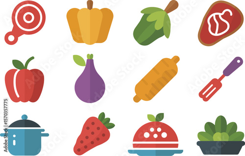 A flat vector illustration of various food items and cooking related utensils art
