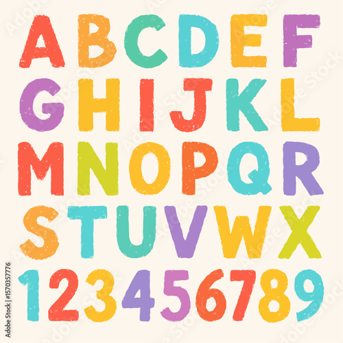 Colorful alphabet letters and numbers from one to nine, arranged in rows on a light background.