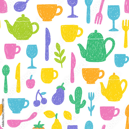 Colorful, hand-drawn pattern of kitchenware, fruits, and plants.