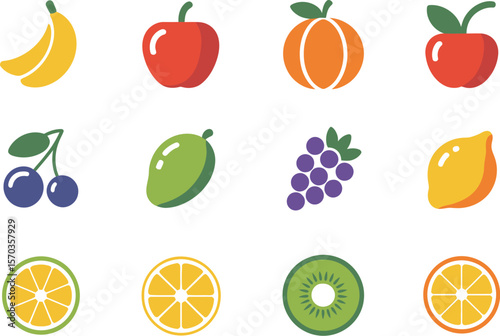 A collection of twelve different cartoon fruit illustrations on a white background