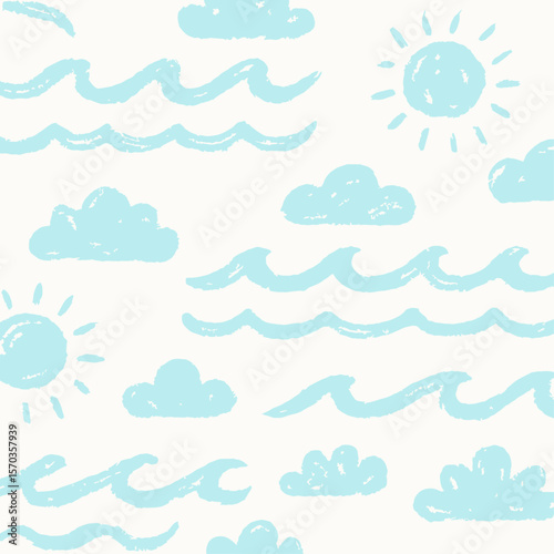 Playful illustration featuring stylized waves, clouds, and suns, creating a cheerful pattern.