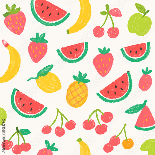 Colorful hand-drawn illustration featuring various fruits, including watermelon and strawberries.