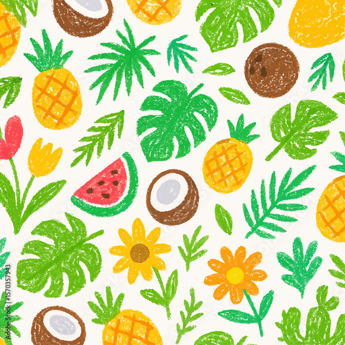 Vibrant tropical fruit and flower pattern drawn with crayon-like texture.