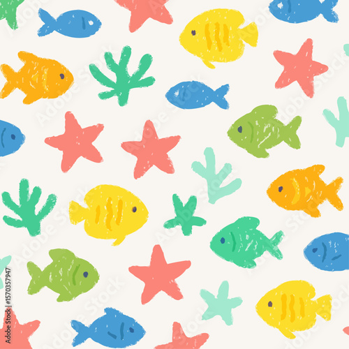 Colorful, hand-drawn pattern of fish, starfish, and seaweed on a white background.