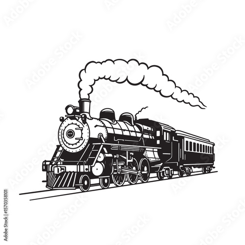 Classic steam locomotive vintage art depicting train travel and transportation with smoke puffing