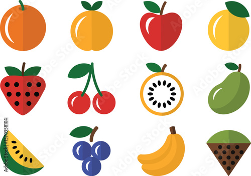 Illustration of twelve different types of fruit arranged in a rectangular grid