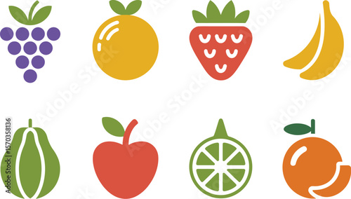 Illustration of grapes orange strawberry banana pear apple lime and another orange