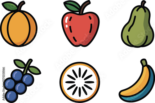 Illustration of an orange apple pear grapes kiwi slice and banana on a white background