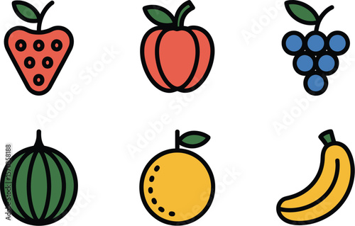 A collection of six different fruit icons arranged on a light beige background