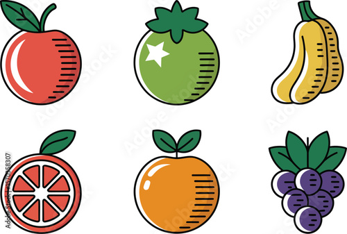 A collection of six stylized fruit icons including apple banana orange and grapes