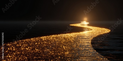 Golden path shimmering across dark water towards bright light glitter