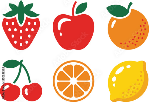 Illustration of six different types of fruits including strawberry apple and lemon