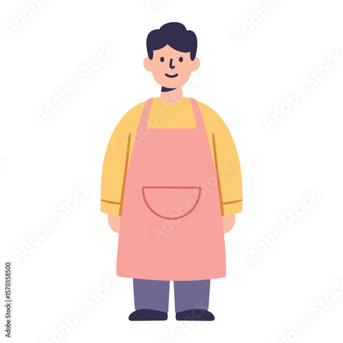 Friendly Male Character Wearing a Pink Apron and Yellow Shirt