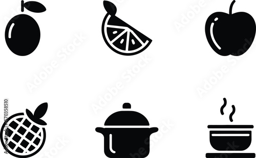 Black and white icons of fruits and cooking utensils on a white background