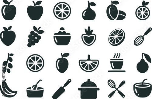 A collection of black and white fruit and cooking icons arranged on a white background