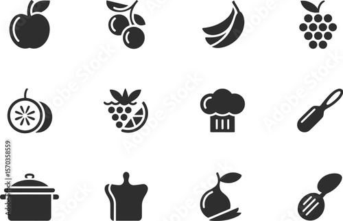 A collection of black and white icons featuring food and cooking related items