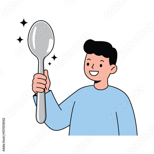 Joyful Boy Holding a Sparkling Clean Spoon
