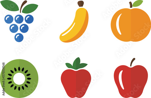 Illustration of grapes banana orange kiwi strawberry and apple on a white background