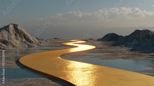 Golden river winding through rocky landscape under sky image
