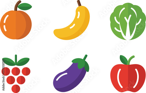 Flat vector illustration of orange banana lettuce grapes eggplant and apple on white