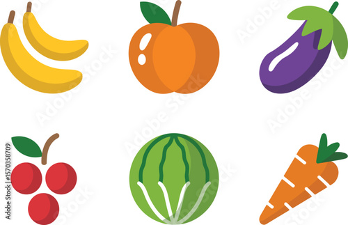An illustration showing two bananas, an apple, an eggplant, cherries, and more