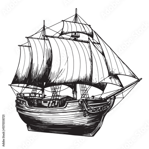 Detailed engraved black and white illustration of a sailing ship with raised sails on a white background
