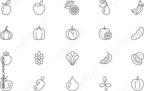 A collection of twenty outline drawings of various fruits and vegetables icons