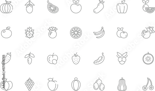 Collection of various outline style fruits and vegetables icons on white background