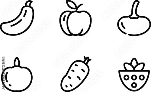 A set of six outline icons featuring a banana apple squash tomato carrot and strawberry