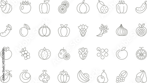 A collection of outlined fruit and vegetable icons arranged in a grid pattern