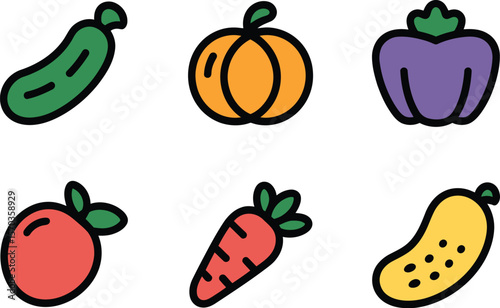 Illustration of six colorful cartoon vegetables arranged on a white background