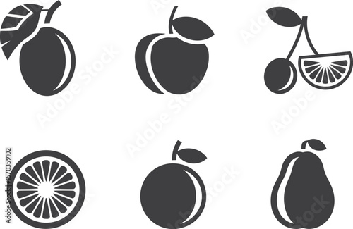 Illustration of various fruits including plum apple cherry orange and pear icons