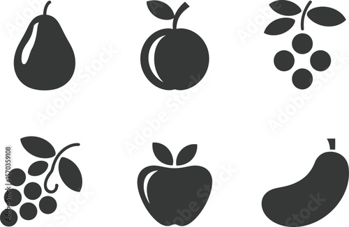 A collection of six fruit icons including a pear apple grapes and a banana icon